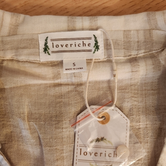 LOVERICHE TAN AND CREAM WRAP STYLE SIDE TIE BLOUSE - S/M - NWT - Picture 9 of 9